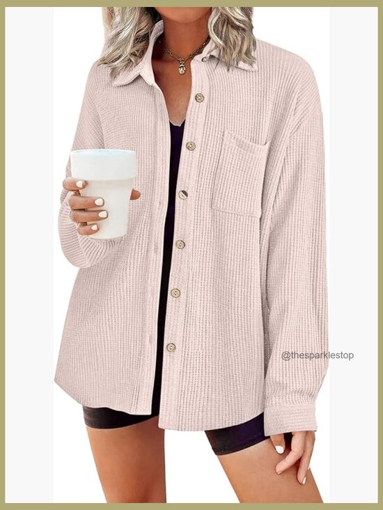 Tops - Waffle Knit Button Down Shacket Long Sleeve V Neck Lightweight Blouse w/ Pocket